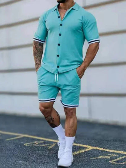 Men's Two-Piece Suit with Contrasting Color Lapel Collar Short-Sleeved Shirt + Shorts – Effortless Style and Comfort! - Shello's Creative Boutique