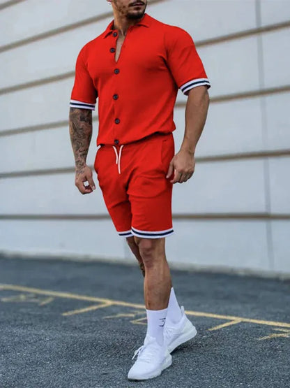 Men's Two-Piece Suit with Contrasting Color Lapel Collar Short-Sleeved Shirt + Shorts – Effortless Style and Comfort! - Shello's Creative Boutique
