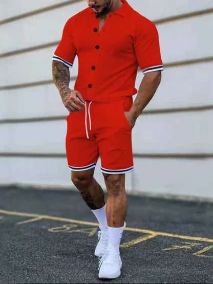 Men's Two-Piece Suit with Contrasting Color Lapel Collar Short-Sleeved Shirt + Shorts – Effortless Style and Comfort! - Shello's Creative Boutique