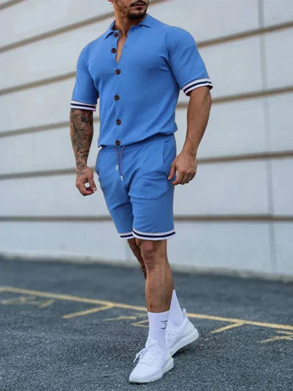 Men's Two-Piece Suit with Contrasting Color Lapel Collar Short-Sleeved Shirt + Shorts – Effortless Style and Comfort! - Shello's Creative Boutique