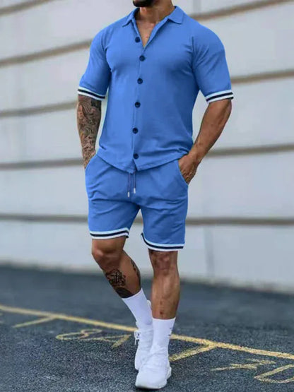 Men's Two-Piece Suit with Contrasting Color Lapel Collar Short-Sleeved Shirt + Shorts – Effortless Style and Comfort! - Shello's Creative Boutique