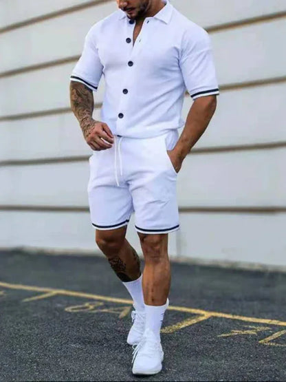 Men's Two-Piece Suit with Contrasting Color Lapel Collar Short-Sleeved Shirt + Shorts – Effortless Style and Comfort! - Shello's Creative Boutique