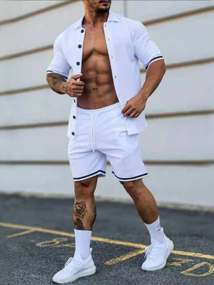 Men's Two-Piece Suit with Contrasting Color Lapel Collar Short-Sleeved Shirt + Shorts – Effortless Style and Comfort! - Shello's Creative Boutique