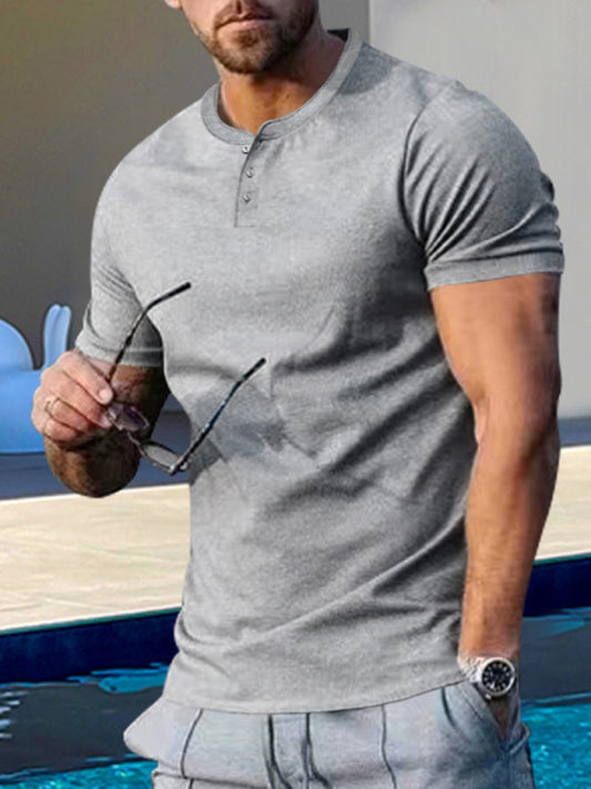Men's Short Sleeve Henley Round Neck Slim Fit Athletic T-Shirt Shello's Creative Boutique