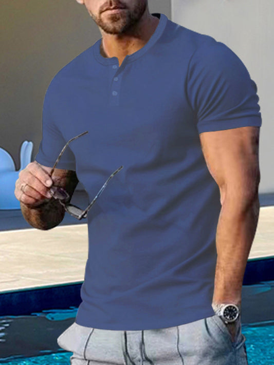 Men's Short Sleeve Henley Round Neck Slim Fit Athletic T-Shirt Shello's Creative Boutique