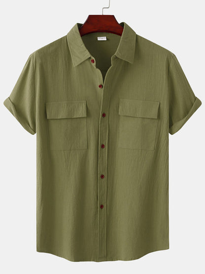 Men's Square Neck Casual Cotton Linen Shirt Linen Solid Color Half Sleeve Top Shello Creative Boutique