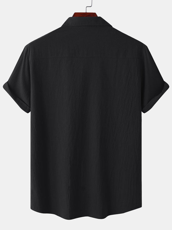 Men's Square Neck Casual Cotton Linen Shirt Linen Solid Color Half Sleeve Top Shello Creative Boutique
