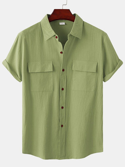 Men's Square Neck Casual Cotton Linen Shirt Linen Solid Color Half Sleeve Top Shello Creative Boutique