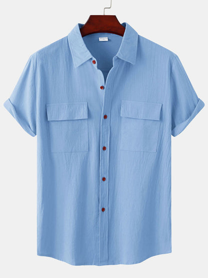 Men's Square Neck Casual Cotton Linen Shirt Linen Solid Color Half Sleeve Top Shello Creative Boutique
