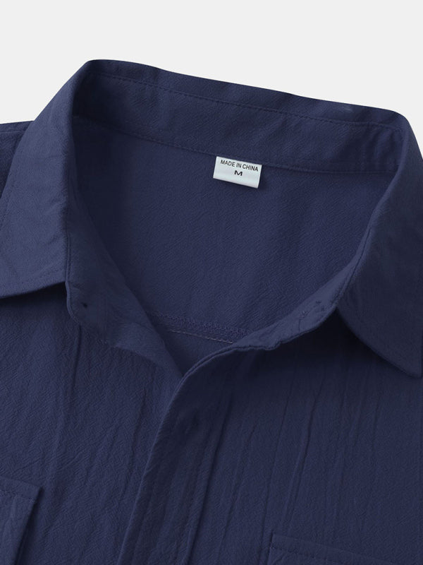 Men's Square Neck Casual Cotton Linen Shirt Linen Solid Color Half Sleeve Top Shello Creative Boutique