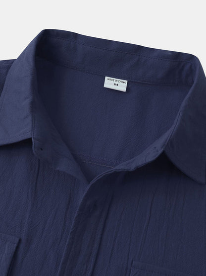 Men's Square Neck Casual Cotton Linen Shirt Linen Solid Color Half Sleeve Top Shello Creative Boutique
