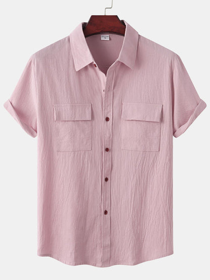 Men's Square Neck Casual Cotton Linen Shirt Linen Solid Color Half Sleeve Top Shello Creative Boutique