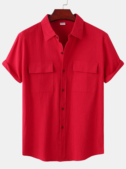 Men's Square Neck Casual Cotton Linen Shirt Linen Solid Color Half Sleeve Top Shello Creative Boutique