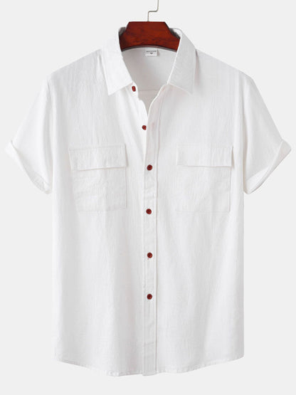 Men's Square Neck Casual Cotton Linen Shirt Linen Solid Color Half Sleeve Top Shello Creative Boutique