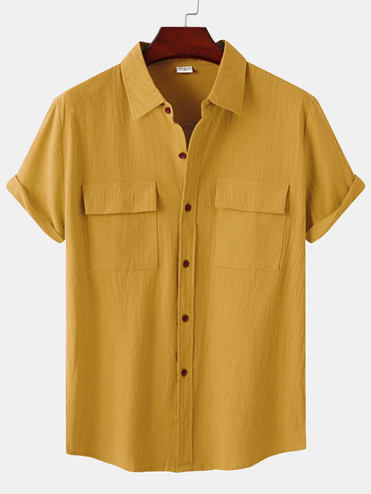 Men's Square Neck Casual Cotton Linen Shirt Linen Solid Color Half Sleeve Top Shello Creative Boutique