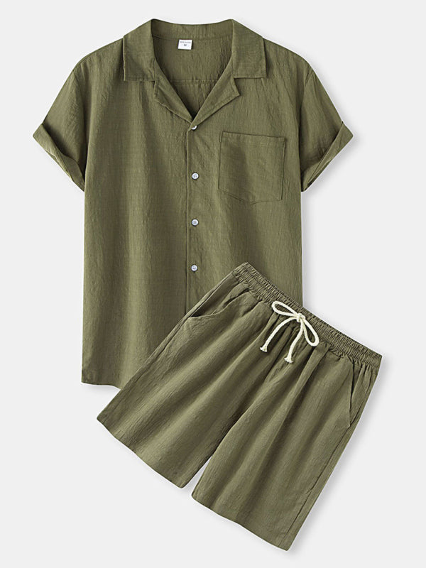 Men's solid color short-sleeved T-shirt shorts cotton linen casual suit Shello's Creative Boutique