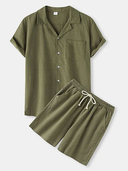 Men's Solid Colour Short-Sleeved T-Shirt Shorts Cotton Linen Casual Suit - Shello's Creative Boutique