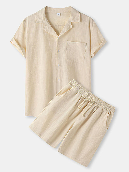 Men's solid color short-sleeved T-shirt shorts cotton linen casual suit Shello's Creative Boutique