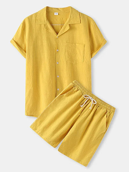 Men's Solid Colour Short-Sleeved T-Shirt Shorts Cotton Linen Casual Suit - Shello's Creative Boutique
