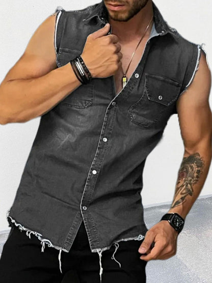 Men's Denim Lapel Sleeveless Shirt Top Shello's Creative Boutique