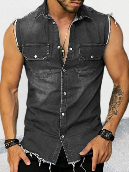 Men's Denim Lapel Sleeveless Shirt Top Shello's Creative Boutique