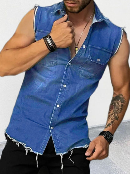 Men's Denim Lapel Sleeveless Shirt Top Shello's Creative Boutique