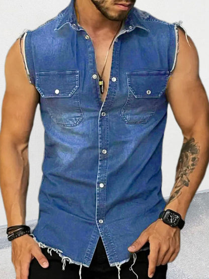 Men's Denim Lapel Sleeveless Shirt Top Shello's Creative Boutique
