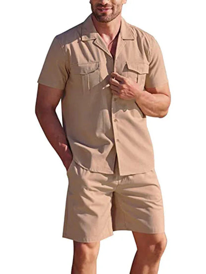 Men's Short-Sleeved Shirt Set Casual Cotton Linen Cardigan Shirt + Shorts – Effortlessly Stylish for Warm Seasons! - Shello's Creative Boutique