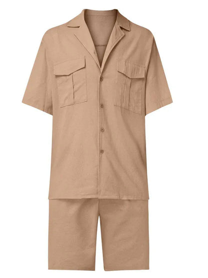 Men's Short-Sleeved Shirt Set Casual Cotton Linen Cardigan Shirt + Shorts – Effortlessly Stylish for Warm Seasons! - Shello's Creative Boutique