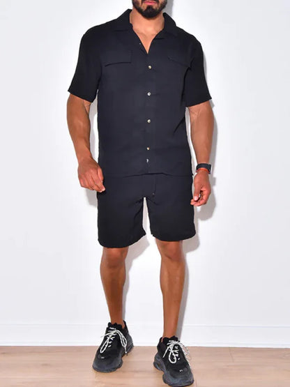 Casual suit men's wide short-sleeved men's pants top shirt two-piece set - Shello's Creative Boutique