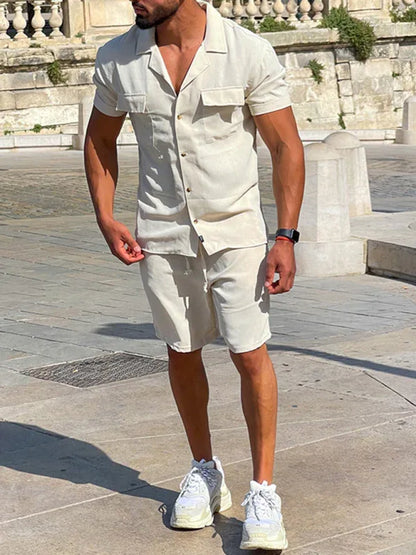 Casual suit men's wide short-sleeved men's pants top shirt two-piece set - Shello's Creative Boutique