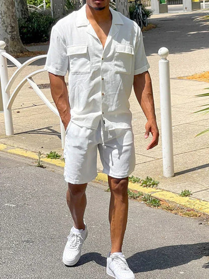 Casual suit men's wide short-sleeved men's pants top shirt two-piece set - Shello's Creative Boutique