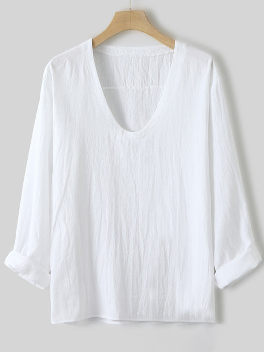 Men's New Long Sleeve Solid Color V Neck Washed Water Cotton T-Shirt Shello's Creative Boutique