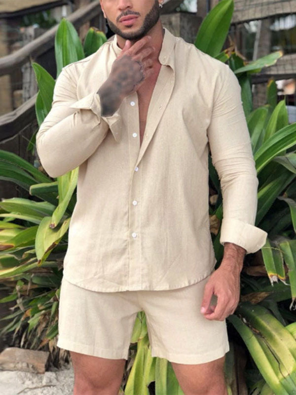 Men's casual cotton and linen suit home service loose long-sleeved shorts two-piece set Shello's Creative Boutique