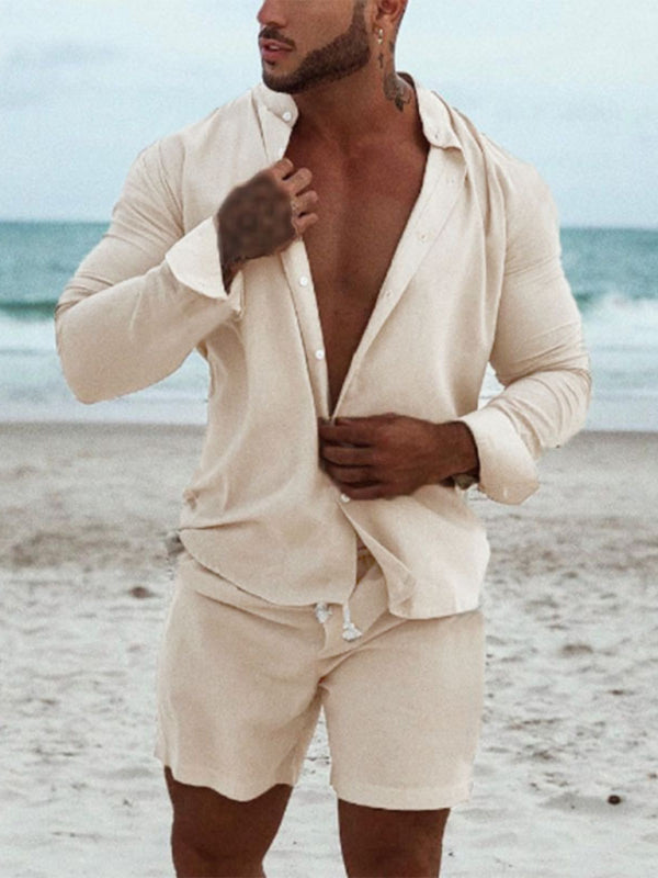 Men's casual cotton and linen suit home service loose long-sleeved shorts two-piece set Shello's Creative Boutique