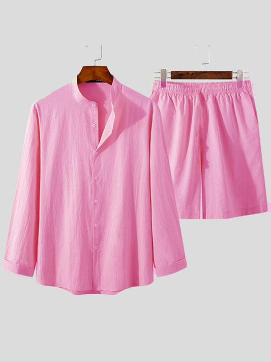 Men's casual cotton and linen suit home service loose long-sleeved shorts two-piece set Shello's Creative Boutique