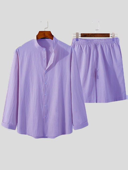 Men's casual cotton and linen suit home service loose long-sleeved shorts two-piece set Shello's Creative Boutique