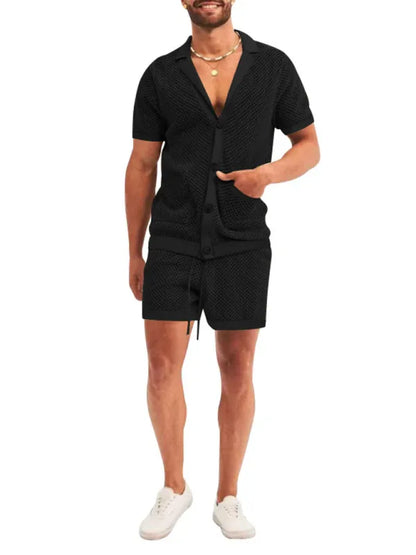 Short-Sleeved Shorts Knit Lapel Cardigan Two-Piece Men's Suit - Shello's Creative Boutique