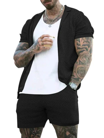 Short-Sleeved Shorts Knit Lapel Cardigan Two-Piece Men's Suit - Shello's Creative Boutique
