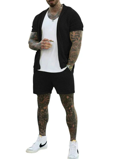 Short-Sleeved Shorts Knit Lapel Cardigan Two-Piece Men's Suit - Shello's Creative Boutique
