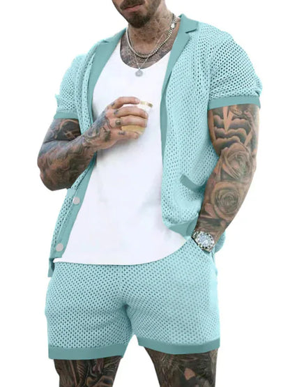 Short-Sleeved Shorts Knit Lapel Cardigan Two-Piece Men's Suit - Shello's Creative Boutique