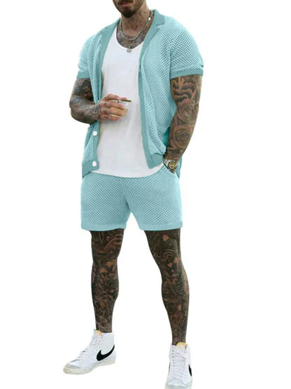 Short-Sleeved Shorts Knit Lapel Cardigan Two-Piece Men's Suit - Shello's Creative Boutique