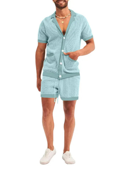 Short-Sleeved Shorts Knit Lapel Cardigan Two-Piece Men's Suit - Shello's Creative Boutique