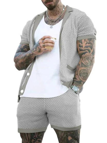 Short-Sleeved Shorts Knit Lapel Cardigan Two-Piece Men's Suit - Shello's Creative Boutique