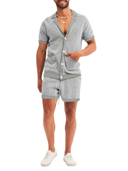 Short-Sleeved Shorts Knit Lapel Cardigan Two-Piece Men's Suit - Shello's Creative Boutique