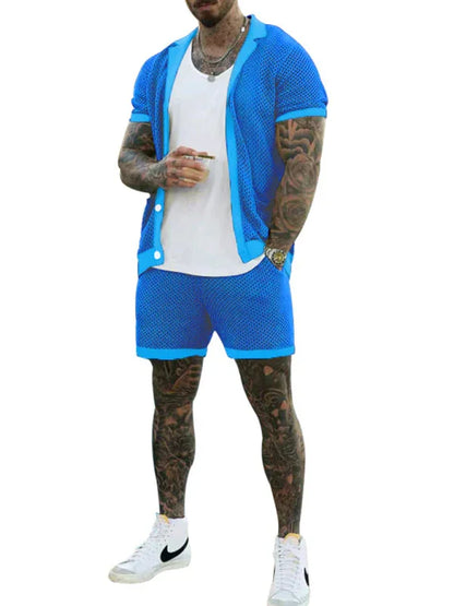 Short-Sleeved Shorts Knit Lapel Cardigan Two-Piece Men's Suit - Shello's Creative Boutique