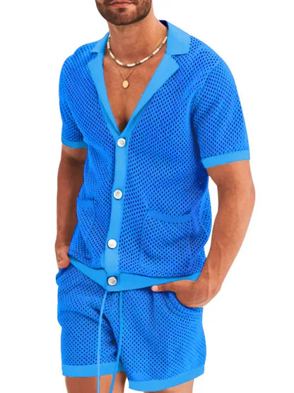 Short-Sleeved Shorts Knit Lapel Cardigan Two-Piece Men's Suit - Shello's Creative Boutique