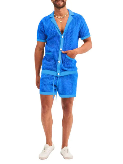 Short-Sleeved Shorts Knit Lapel Cardigan Two-Piece Men's Suit - Shello's Creative Boutique