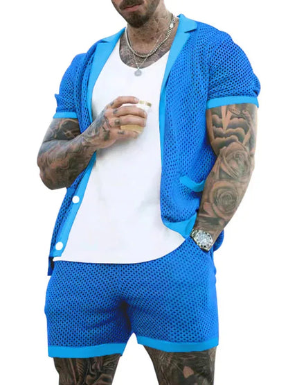 Short-Sleeved Shorts Knit Lapel Cardigan Two-Piece Men's Suit - Shello's Creative Boutique
