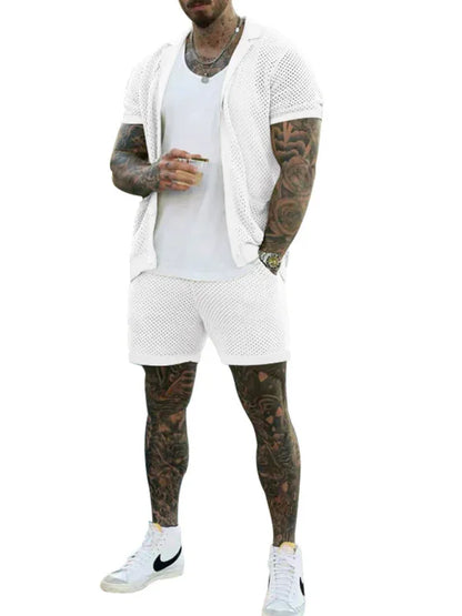 Short-Sleeved Shorts Knit Lapel Cardigan Two-Piece Men's Suit - Shello's Creative Boutique